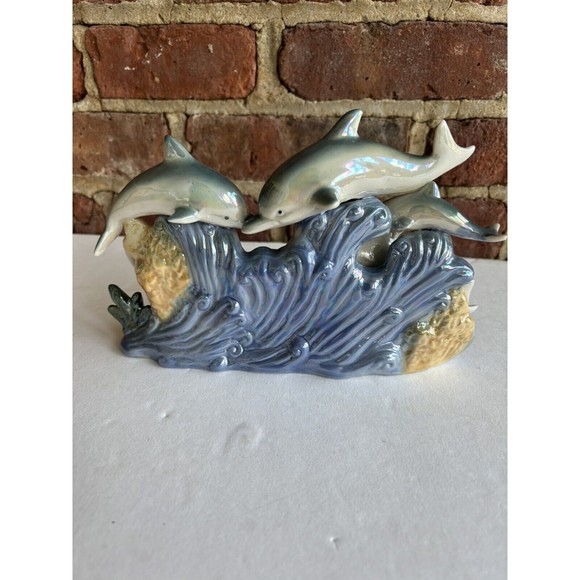 Vintage Dolphin Pod Family Blue Ceramic Iridescent Lusterware 6 Dolphin Family - Picture 4 of 7